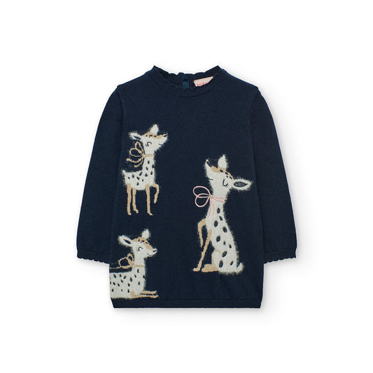 Boboli Navy Knit Dress With Baby Dear