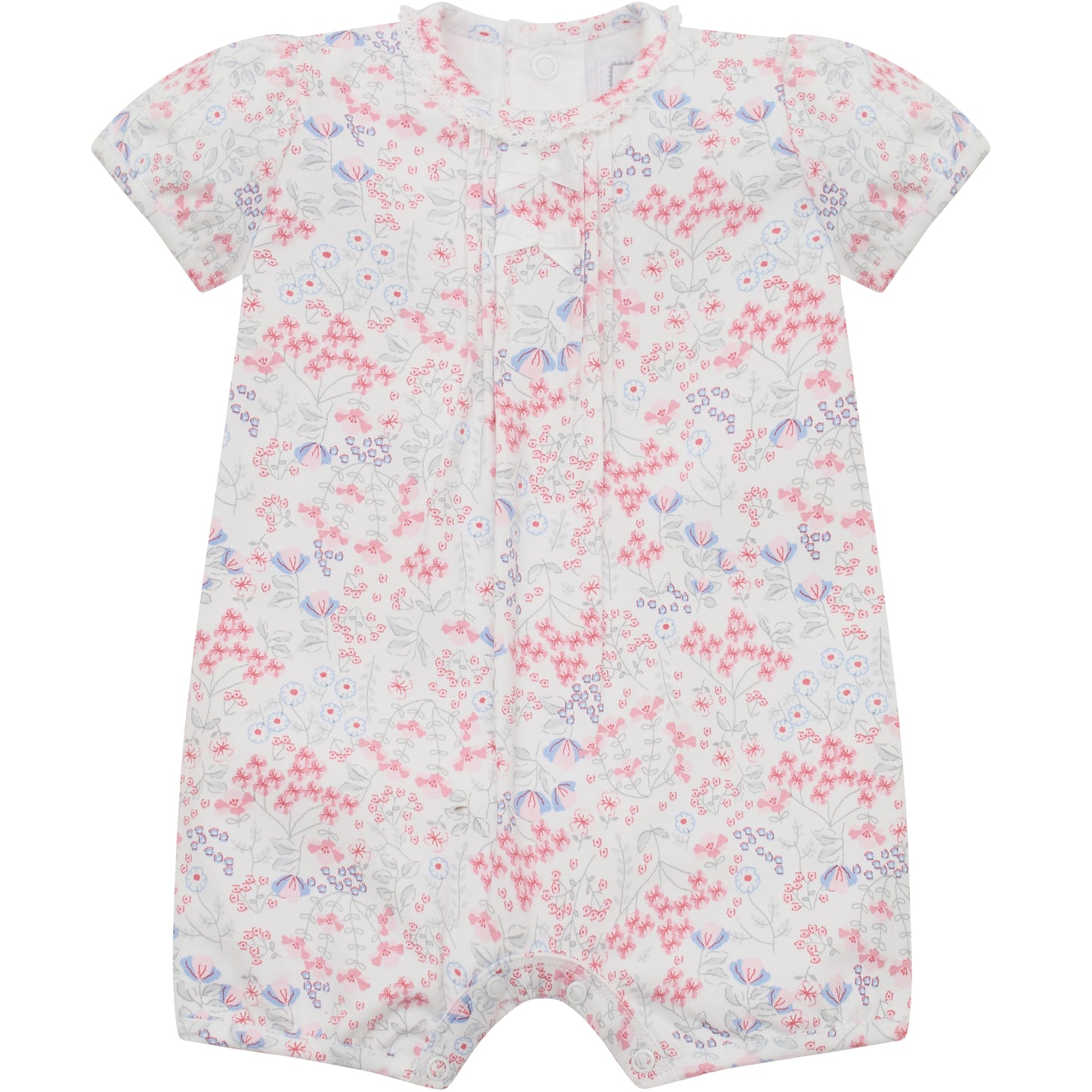 Emile et Rose Baby Girls Printed Stretch Jersey Romper with Bows and Lace Trim