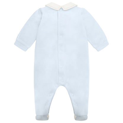 Emile et Rose Baby Boys Blue Velour Baby Grow-Front Pleats with Buttons & Collar