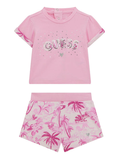 Guess Baby Girls Summer Pink Short Sleeve T-Shirt and Shorts Set