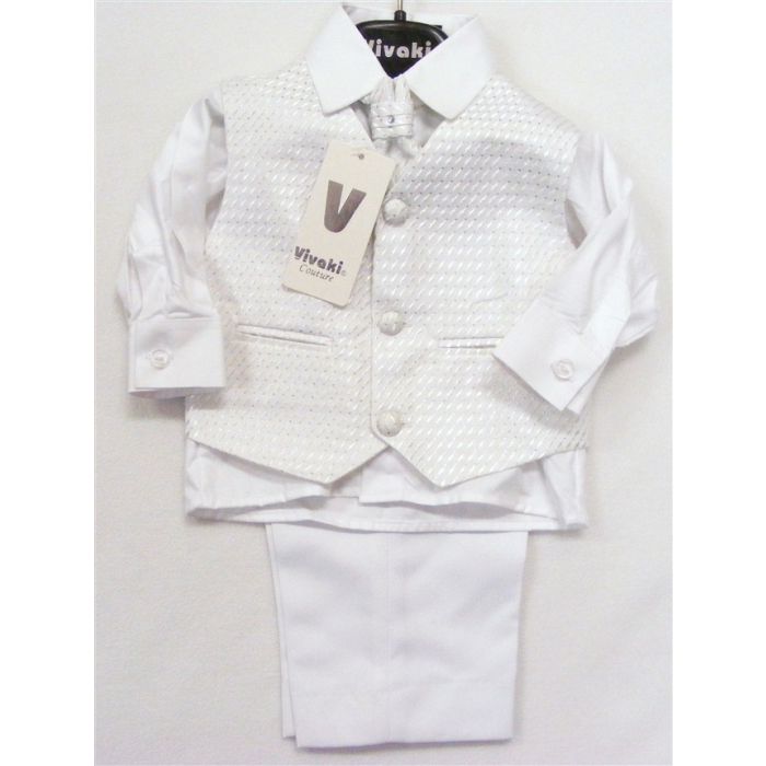 Vivaki Boys Christening White 4 Piece Set Trousers, Top, Waistcoat and Tie