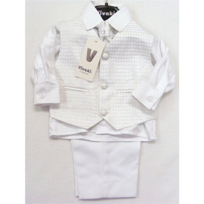 Vivaki Boys Christening White 4 Piece Set Trousers, Top, Waistcoat and Tie