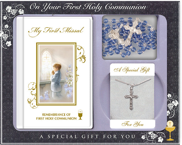 Boys First Holy Communion Prayer Book & Silver Chain