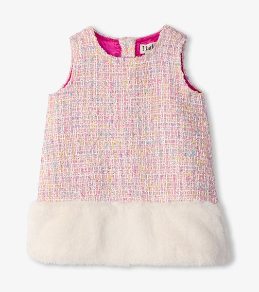 Hatley Girls Aurora Pink Tweed Faux Fur Trim Dress