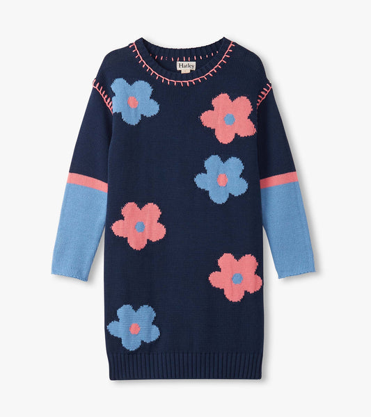 Hatley Girls Navy Flower Drop Shoulder Sweater Dress