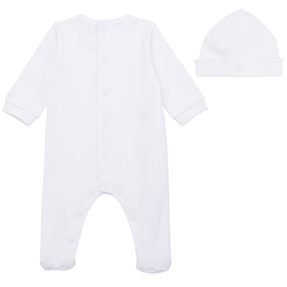 Emile et Rose Baby White Unisex Babygrow with Teddy Embroidery and Hat