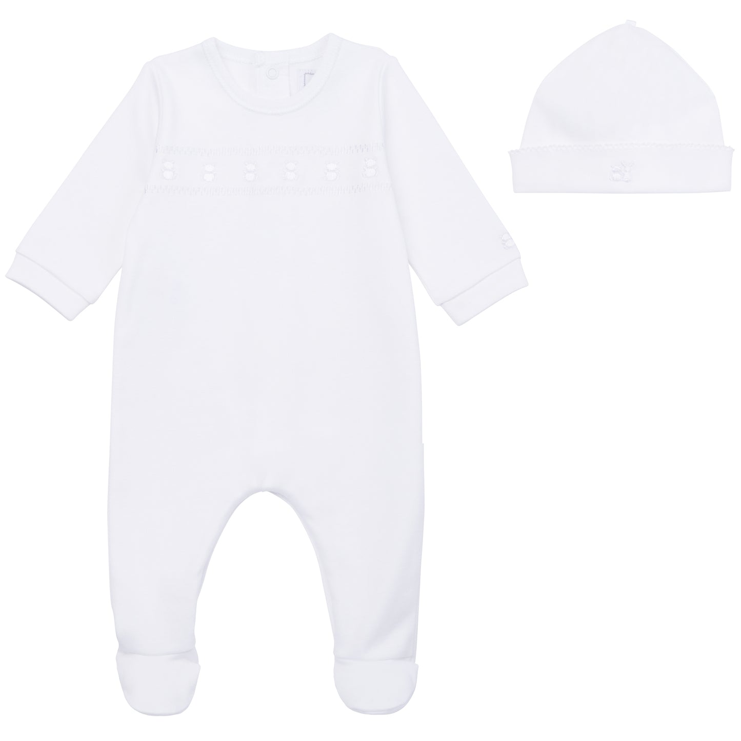 Emile et Rose Baby White Unisex Babygrow with Teddy Embroidery and Hat