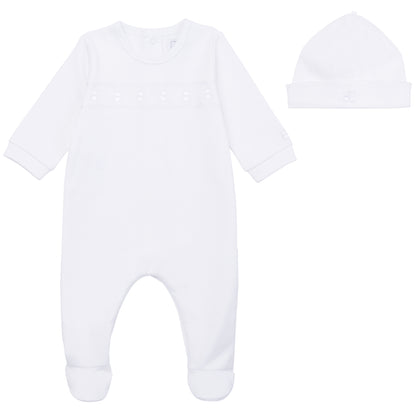 Emile et Rose Baby White Unisex Babygrow with Teddy Embroidery and Hat