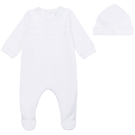 Emile et Rose Baby White Unisex Babygrow with Teddy Embroidery and Hat