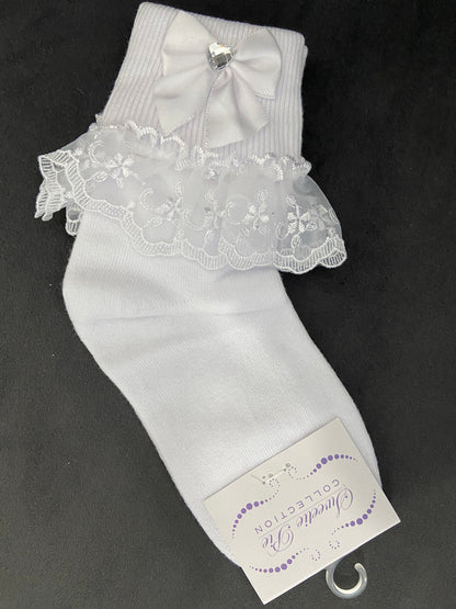 Sweetie Pie White Socks With Bow And Heart Jewel