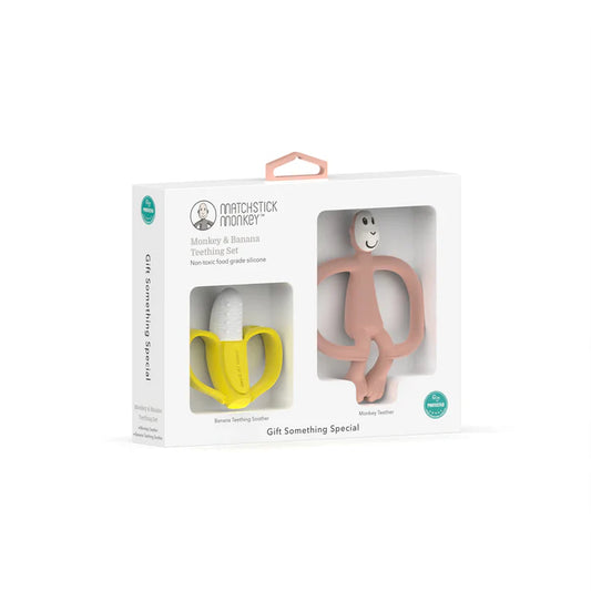 Matchstick Monkey Teething Gift Set Banana and Monkey Dusty Pink