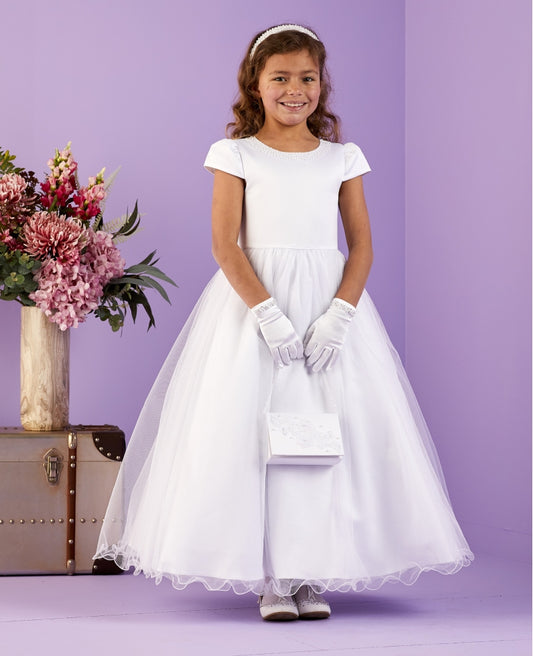 Peridot - White Pearl & Sparkly Tulle Communion Dress