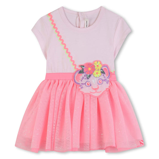 Billieblush Girls Pink Jersey & Tulle Dress with Crossbody Cat Bag Appliqué