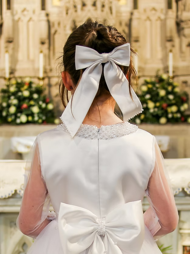 Crystal & Pearl Communion Ava Bow Headpiece with Pearl Trim