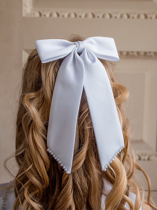 Crystal & Pearl Communion Ava Bow Headpiece with Pearl Trim