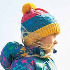 Frugi Cable Knit Bobble Hat Blue/Guava Star