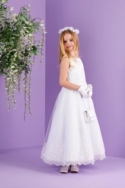 Peridot - Erin Sleeveless Net Tulle Holy Communion Dress with Detailed Bodice and Lace Trimmed Skirt