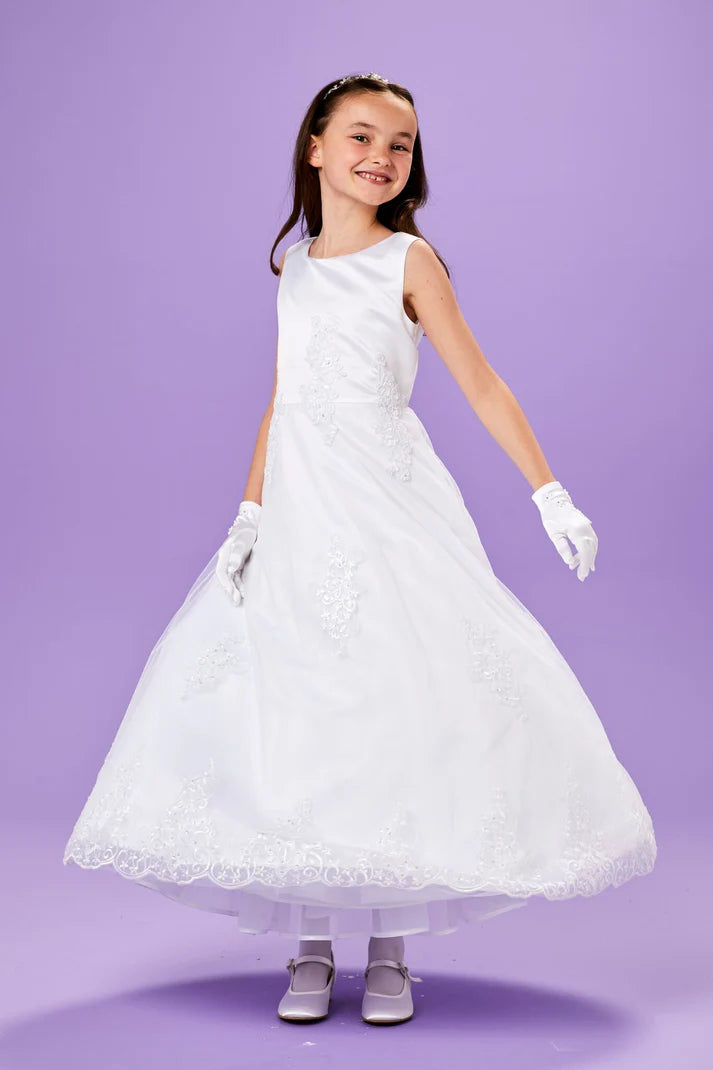Peridot - Erin Sleeveless Net Tulle Holy Communion Dress with Detailed Bodice and Lace Trimmed Skirt