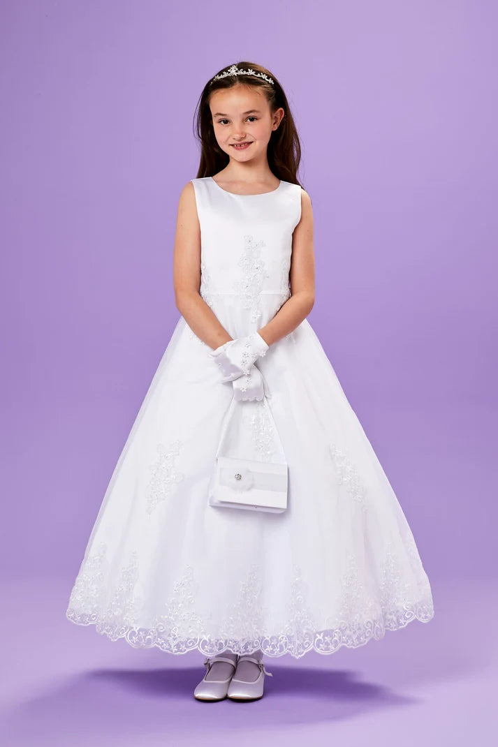 Peridot - Erin Sleeveless Net Tulle Holy Communion Dress with Detailed Bodice and Lace Trimmed Skirt