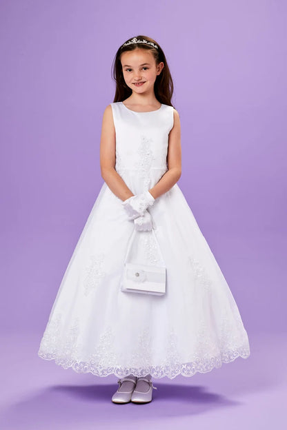 Peridot - Erin Sleeveless Net Tulle Holy Communion Dress with Detailed Bodice and Lace Trimmed Skirt