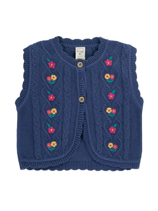 Frugi Girls Connie Navy Flowers Knitted Waistcoat
