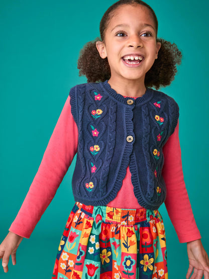 Frugi Girls Connie Navy Flowers Knitted Waistcoat