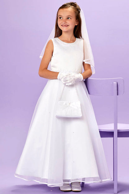 Peridot - Florence White Beaded Pearl Organza Communion Dress