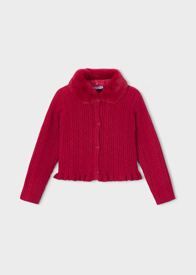 Mayoral Girls Red Faux Fur Collar Cardigan