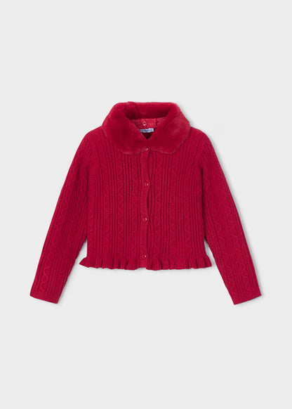 Mayoral Girls Red Faux Fur Collar Cardigan