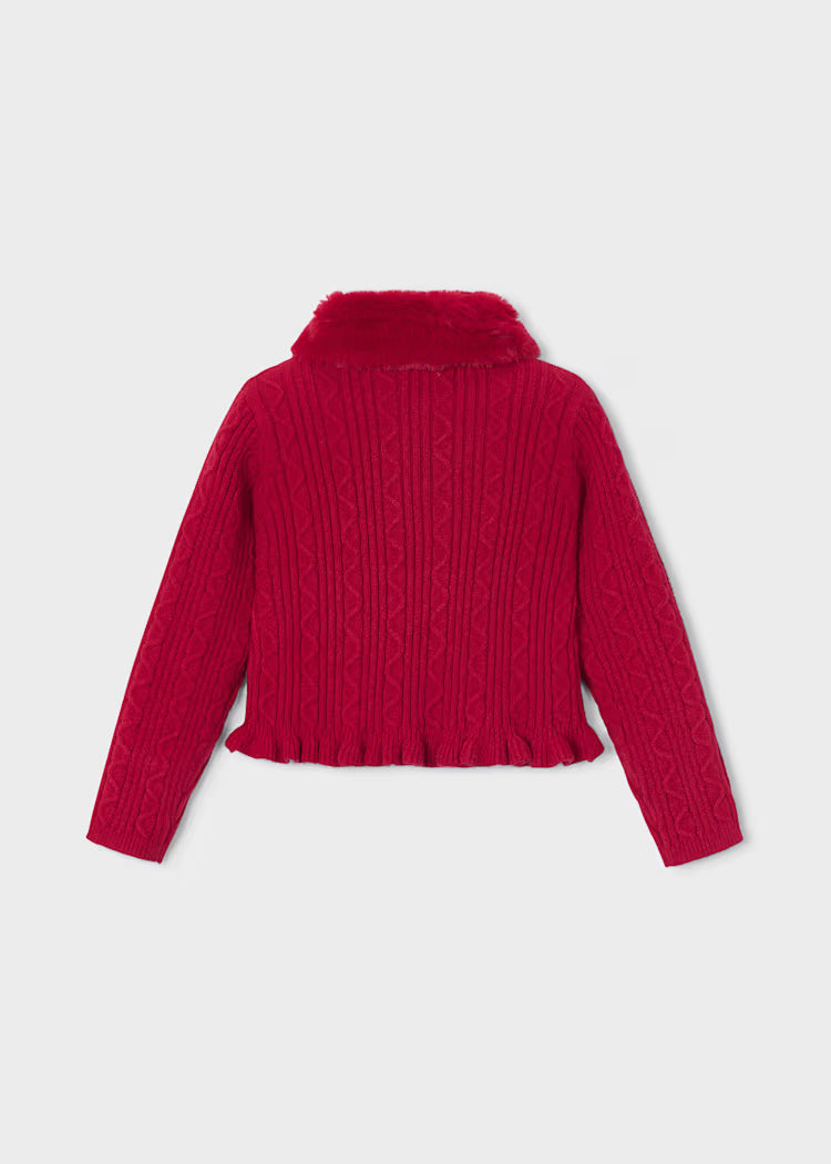 Mayoral Girls Red Faux Fur Collar Cardigan