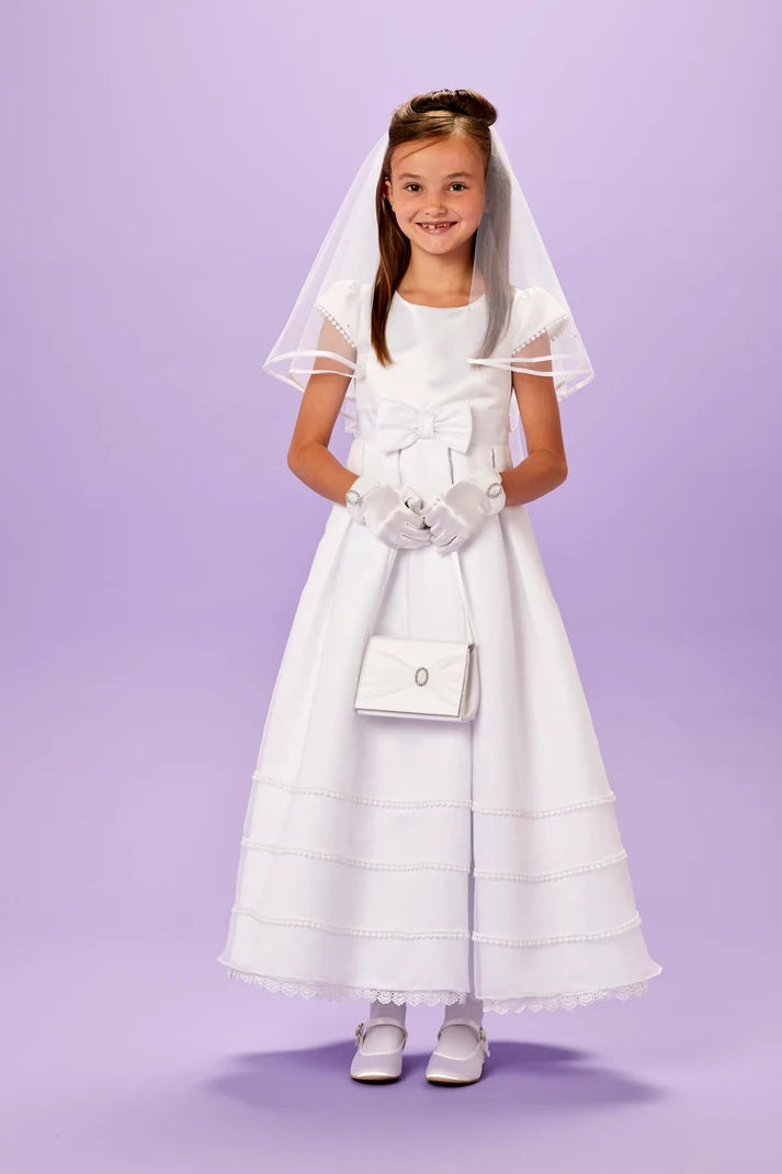 Peridot - Rose Ankle Length White Satin Holy Communion Dress with Bow