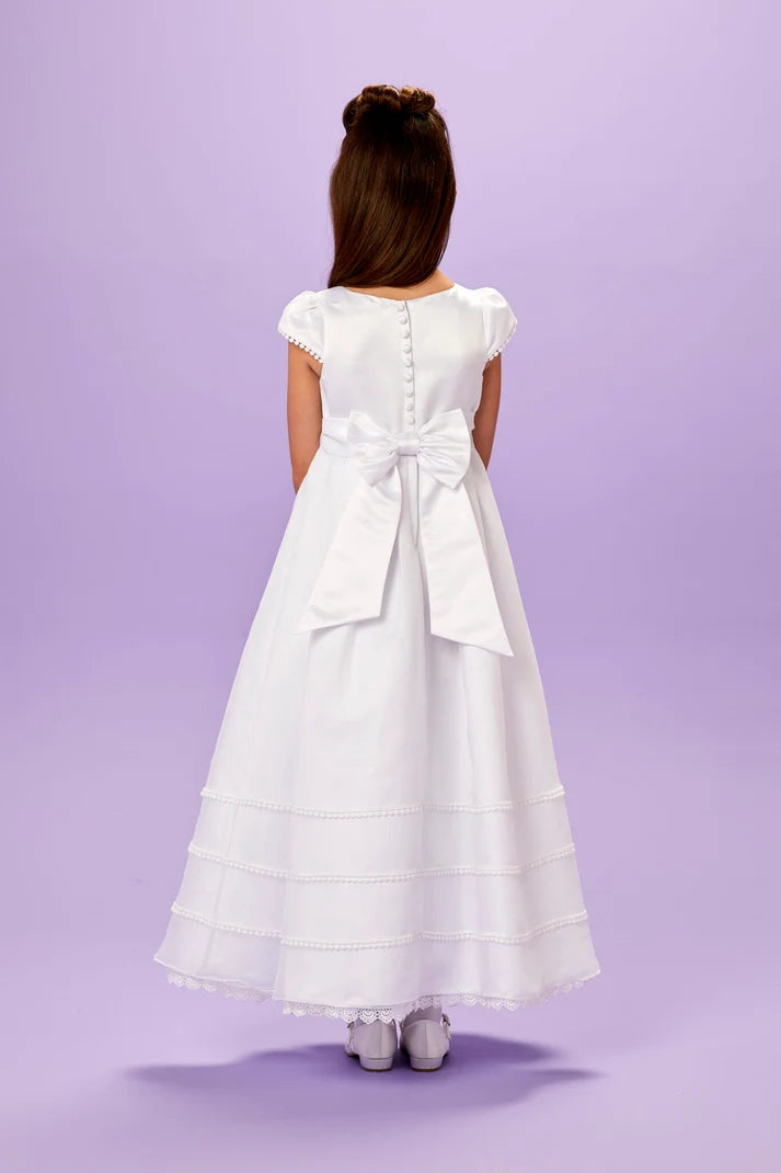 Peridot - Rose Ankle Length White Satin Holy Communion Dress with Bow