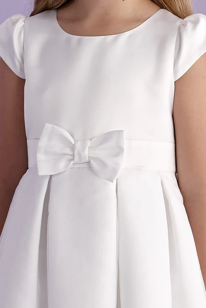 Peridot - Rose Ankle Length White Satin Holy Communion Dress with Bow