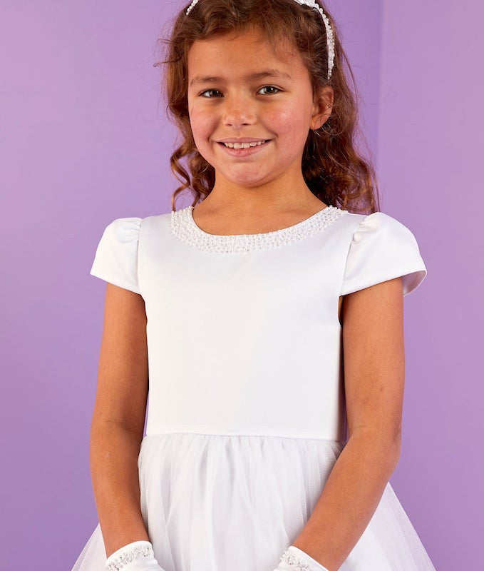 Peridot - White Pearl & Sparkly Tulle Communion Dress