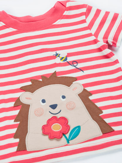 Frugi Baby Girls Rhubarb Stripe/Hedgehog Easy On T-shirt