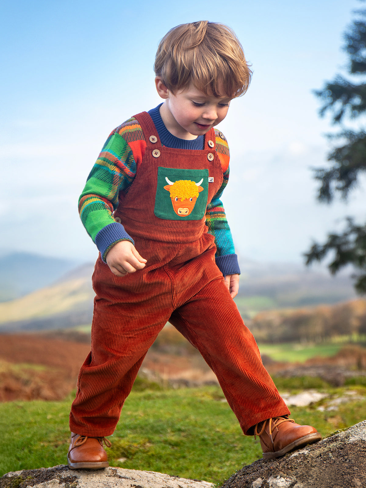 Frugi Baby Boys Sebby Cord Highland Cow Dungaree