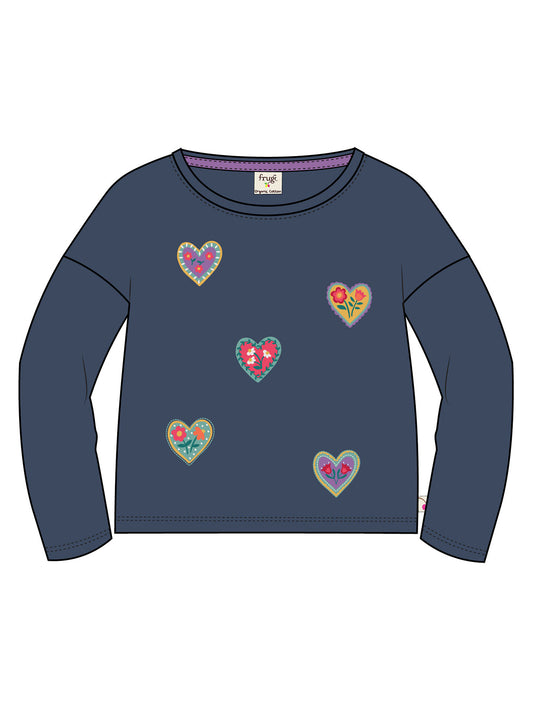 Frugi Girls Bethany Navy Hearts  Applique Top