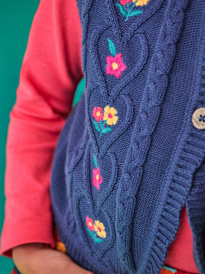 Frugi Girls Connie Navy Flowers Knitted Waistcoat