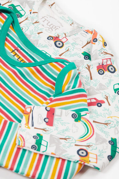 Frugi Baby Boys Multi Stripe / Cars  2 Pack Babygrow