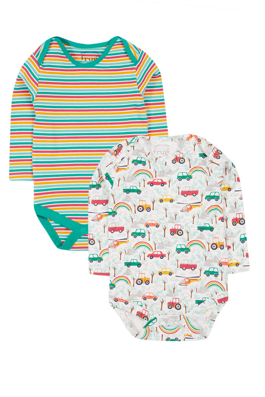 Frugi Baby Boys Multi Stripe / Cars  2 Pack Babygrow