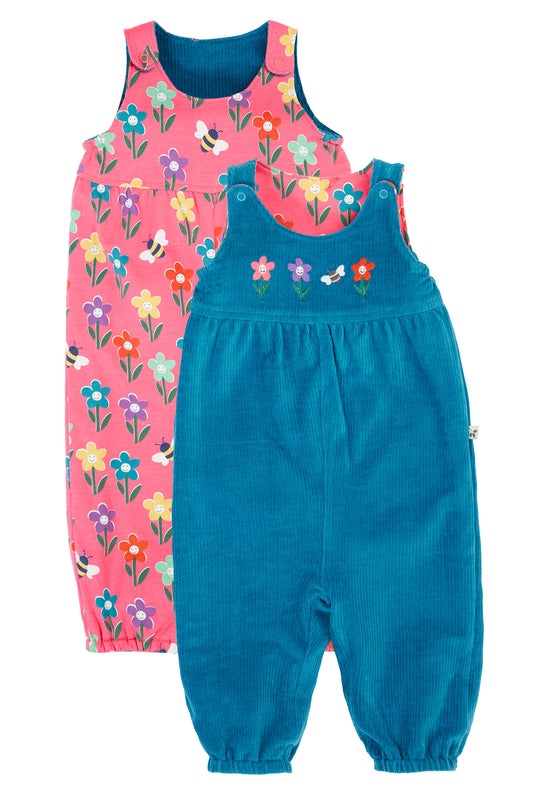 Frugi Baby Girls Helen Boat Blue/Fun Flowers Reversible Dungaree