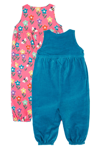 Frugi Baby Girls Helen Boat Blue/Fun Flowers Reversible Dungaree