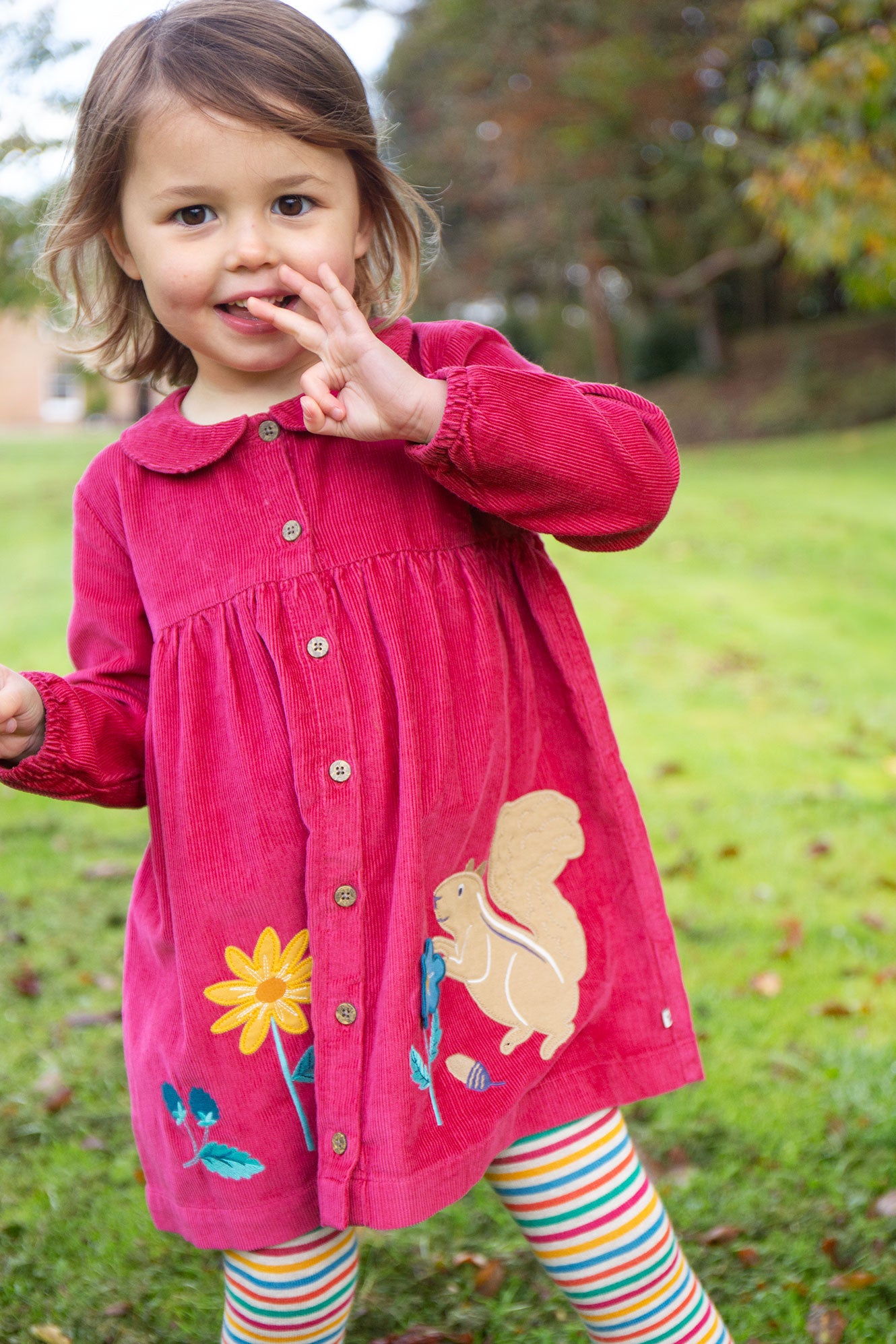 Frugi Baby Girls Berry Squirrel Berry Coco Corded Dress