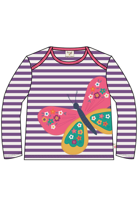 Frugi Baby Girls Bobby Violet Stripe/Butterfly Applique Top