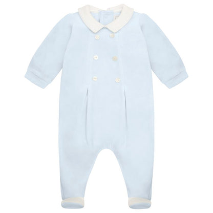 Emile et Rose Baby Boys Blue Velour Baby Grow-Front Pleats with Buttons & Collar